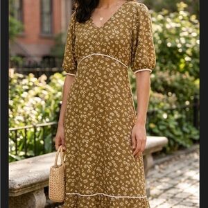 Polagram Olive Floral Midi Dress with White Trim